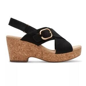 Clarks Women's Giselle Dove Cork Wedge Platform Sandal Black Leather Nubuck 9.5M